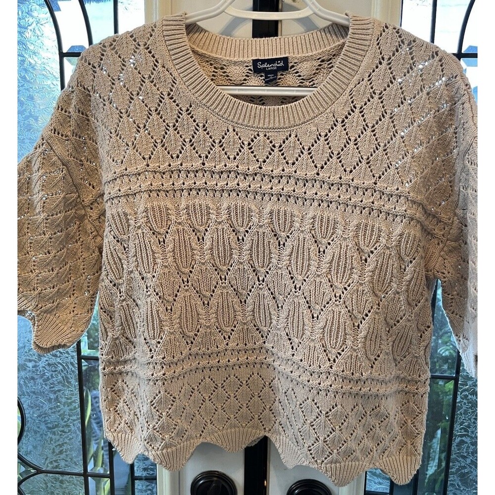 Splendid Women’s Crochet Top Large Natural Beige Cotton Short Sleeve Pullover